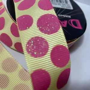 Pink Yellow Ribbed Ribbon Glitter Dots